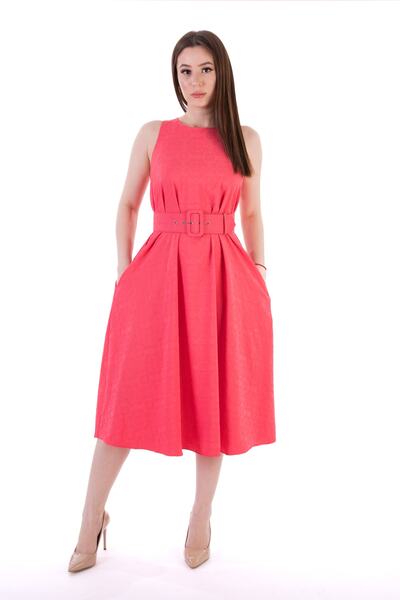 DEFİLE LUX Keten Jakar Kemerli Elbise Nar Çiçeği - Vina Serisi