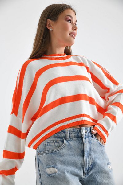 VOLT CLOTHİNG Kadın Bisiklet Yaka Çizgili Oversize Triko Kazak