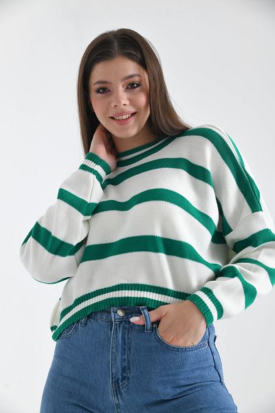VOLT CLOTHİNG Kadın Bisiklet Yaka Çizgili Oversize Triko Kazak