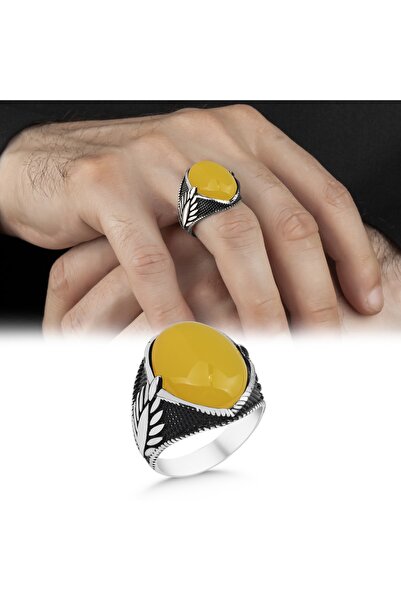 Argento Silver Sarı Akik Taşlı 925 Ayar Gümüş Erkek Yüzük