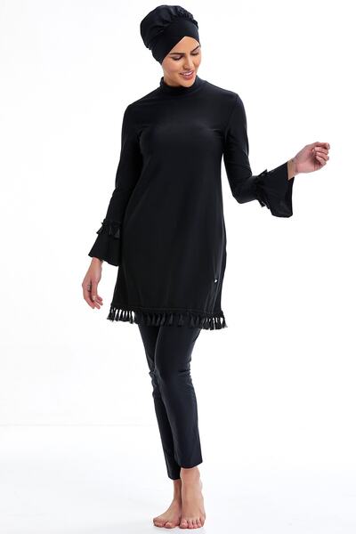 Adasea Tassel Detailed Hijab Swimsuit with Fluttered Sleeves