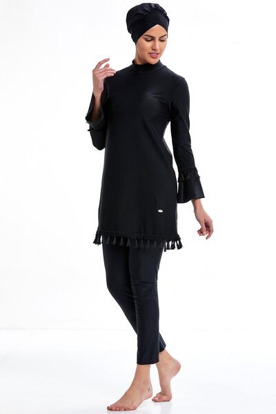 Adasea Tassel Detailed Hijab Swimsuit with Fluttered Sleeves