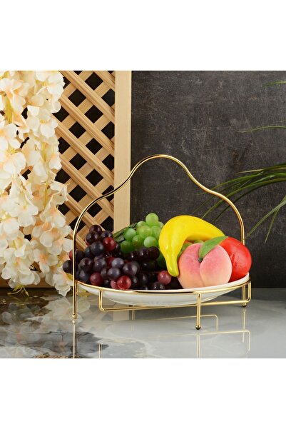 Gerçektrend Porcelain Fruit Presentation Bowl with Round Gold Stand 22cm