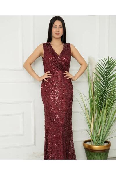 ZY BUTİK Burgundy Sequined Double Breasted Collar Sleeveless Long Fishnet Eve...