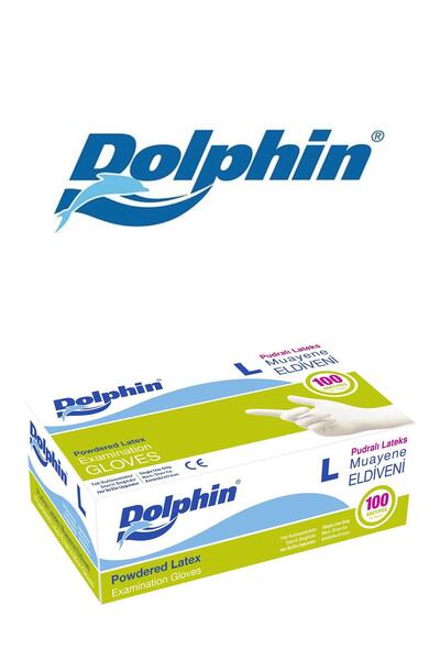Dolphin Latex Pudralı Eldiven - Tıbbi Medikal Muayene Lateks Eldiven 100'lü Paket L (large) Beden