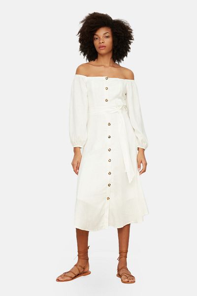 Trendyol Collection Ecrufarbenes Midikleid in Leinenoptik mit Gürtel, geknöpftem quadratischem Kragen TWOSS19IE0009