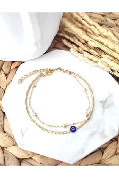 HALHALMILL Kadın Gold Renkli Nazar Boncuk Top Zincirli Ikili Halhal