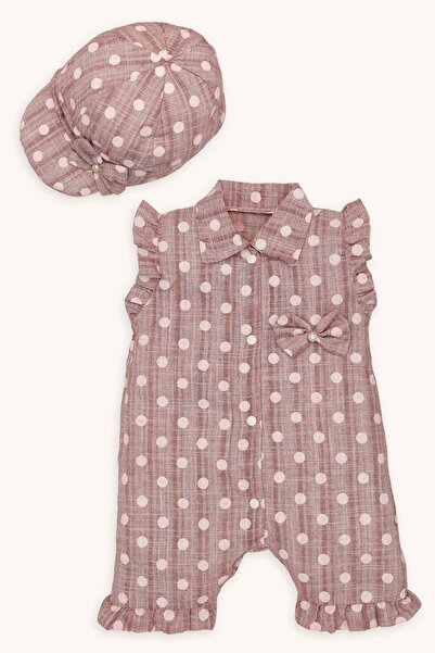 bebizu Puantiyeli Fırfır Detaylı Incili Kurdale Süslü Çıtçıtlı Tulum Ve Şapka