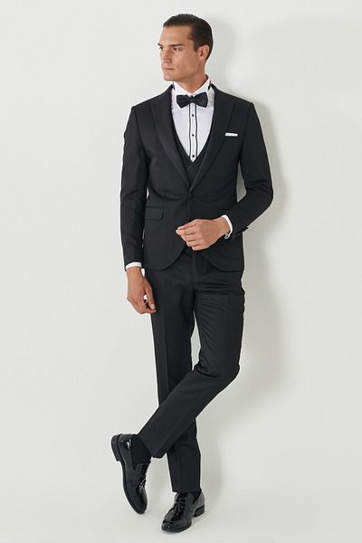 ALTINYILDIZ CLASSICS Men's Black Extra Slim Fit Slim Fit Mono Collar Patterned Vest Tuxedo Suit