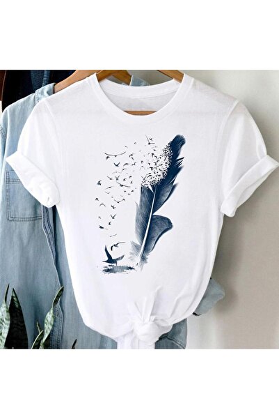 GALASHOP Suluboya Tüyü Vintage Kuş Baskı Kısa Kollu Tişört2