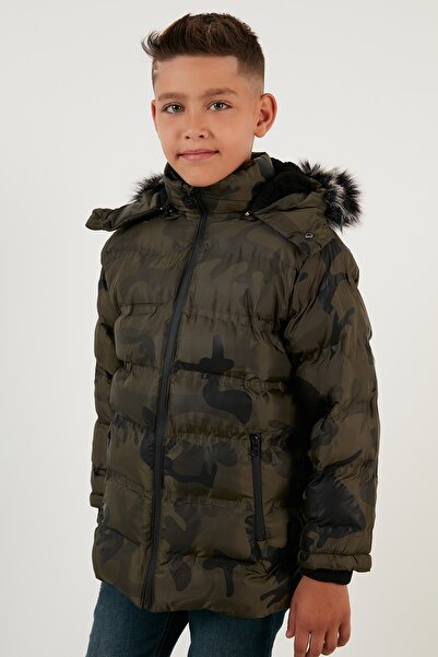 Lela Camouflage Patterned Plush Lined Removable Hooded Winter Coat with Pockets Boys' Coat 57600