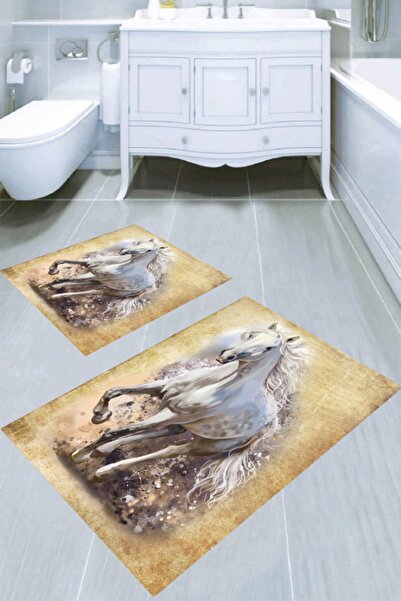 Resmiro Tablotik Beyaz At Desenli 2'li Banyo Paspası (50x60 Cm - 60x100 Cm)