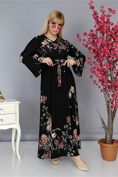 Şirin Butik Γυναικείο φόρεμα με μαύρο φλοράλ σχέδιο με διπλό γιακά με μανίκια