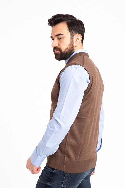 Mutlu City Мъжки кафяв тънък вълнен плетен пуловер