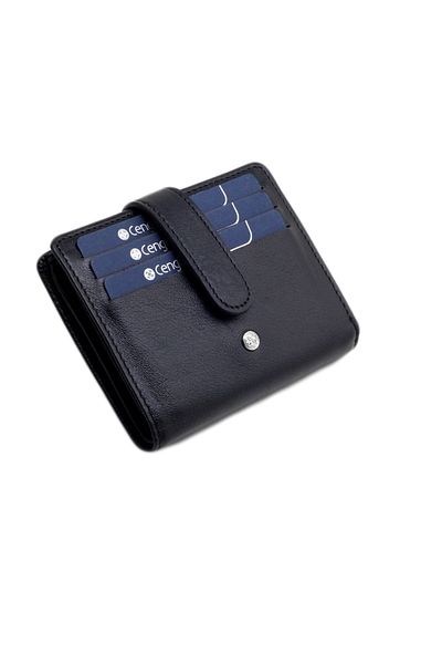 CENGİZ PAKEL Unisex Black Genuine Leather Minimalist Wallet with Snap Fasteners