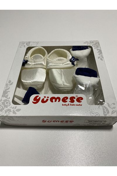Yumese Baby Boy Ecru Evil Eye Beaded + Bow Tie Booties Set