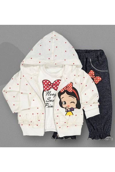 Novy Baby Hooded Polka Dot Printed Cotton Princess Applique Embroidered Baby Girl-Child 3-Piece Set 0-2 Years Ecru