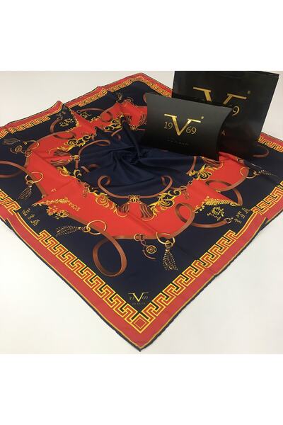 19V69 ITALIA Kırmızı Siyah Twill Eşarp Black Seri 90x90 Cm Eşarp Askısı Ve He...