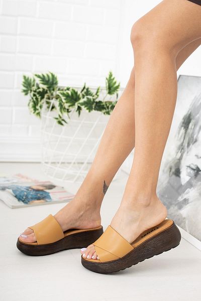 Taran Women's Brown Linda Wedge Heel Casual Thick Soled Slippers