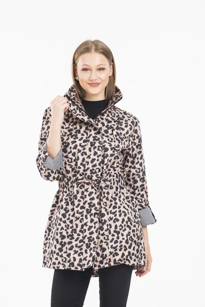 ladyzey Kadın Leopar Baskılı Beli Büzgülü Katlanabilir Kol Astarlı Trençkot