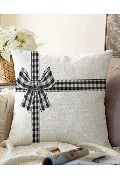 Realhomes غطاء وسادة محبوك حديث منقوش بفيونكة سوداء على أرضية بيضاء مزدوجة ال...