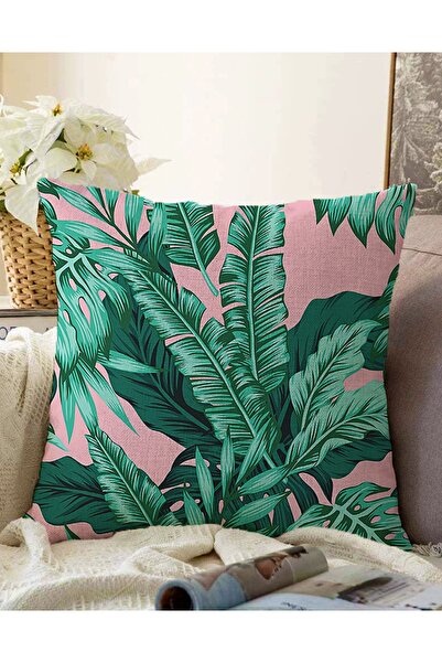 Realhomes غطاء وسادة رمي راشيل حديث مطبوع رقميًا بنمط أوراق خضراء مع خلفية با...