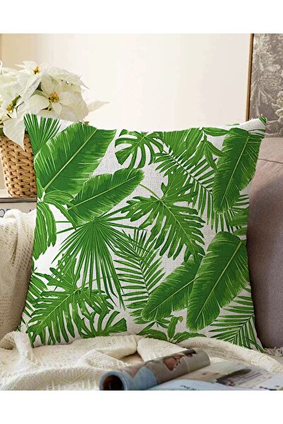 Realhomes غطاء وسادة محبوك بتصميم ورقة خضراء على خلفية بيضاء مزدوجة الجوانب