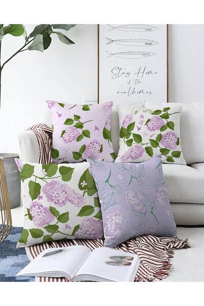 Realhomes 4'lü Çift Taraflı Renkli Zeminli Ortanca Çiçeği Desenli Modern Raşe...