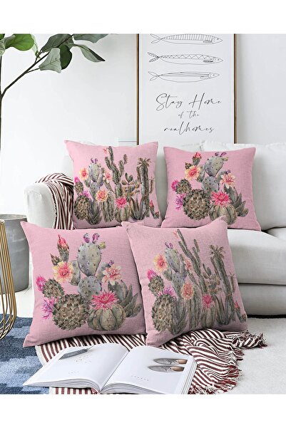 Realhomes 4'lü Çift Taraflı Renkli Zemin Üzerinde Kaktüs Desenli Modern Raşel...