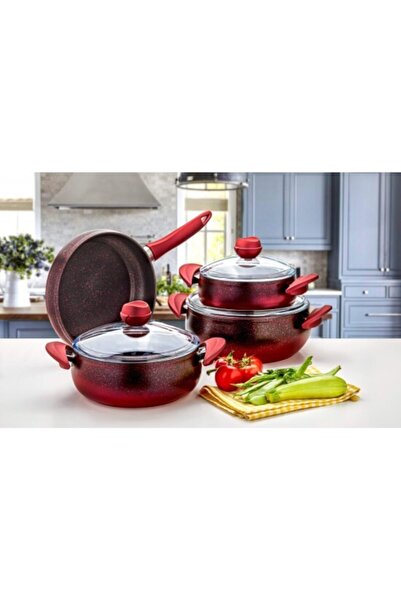 ÖZLİFE 7 Parça Azra Kırmızı Granit Tencere Tava Seti