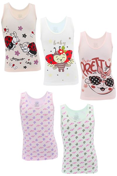 biyokids Girl's Undershirt 5 Pack Mixed Color Wide Strap Printed Undershirt