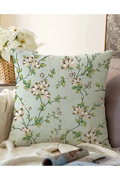 Realhomes Çift Taraflı Renkli Zeminde Yeşil Yapraklı Çiçek Desenli Modern Raş...