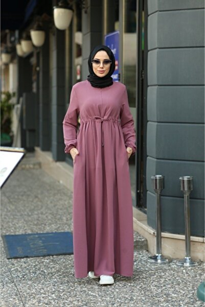 Neways 6497-Krep Dusty Rose Ornamental Lace-Up Drawstring Dress