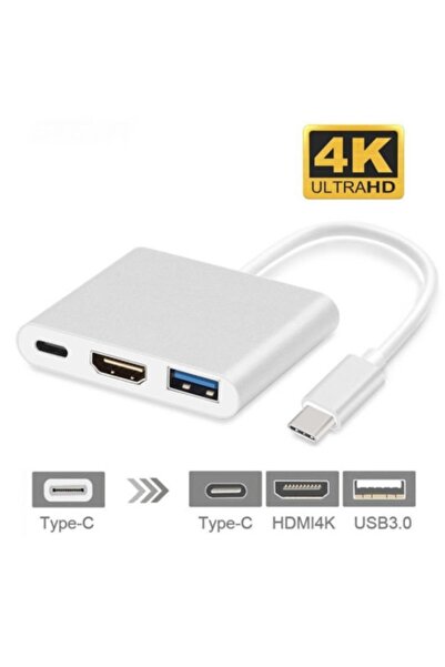 Ally Mobile 4k Type C Hdmi Görüntü Aktarıcı 3 In1 Şarj Usb Çıkışlı Kablo - Gümüş