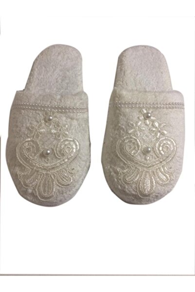 Finezza Papuci de baie din bumbac, cu aplicații de perle, crem, mărimea 38-40...