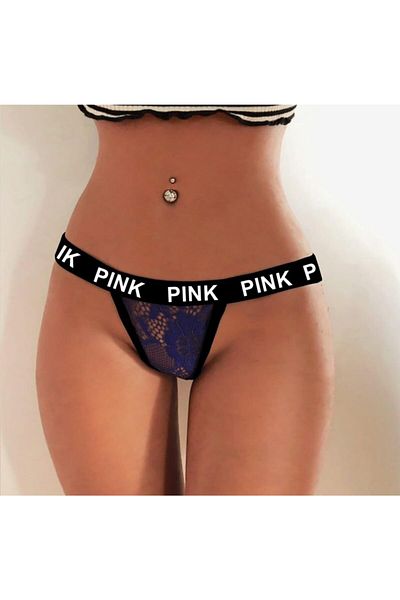 Secret Passion Lingerie Imprimat roz - Tanga fancy cu dantelă albastră, partea din talie cu dungi din cauciuc