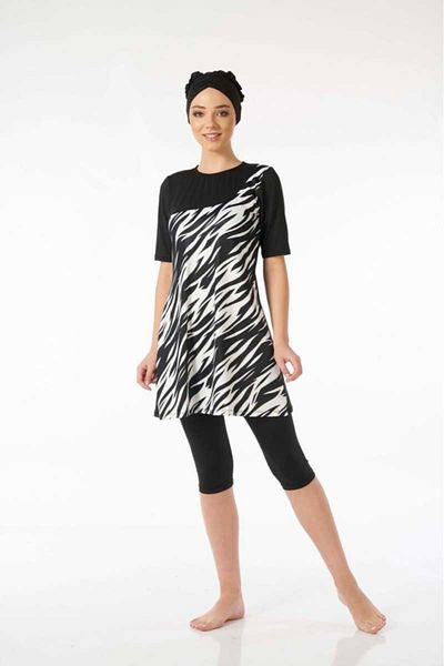 Estiva Women's Black Half Covered Half Sleeve Zebra Patterned Swimsuit