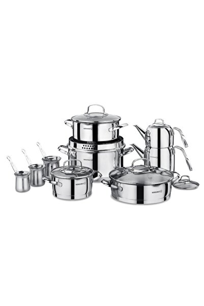 KORKMAZ 15 Parça Paslanmaz Çelik Çeyiz Seti - Indüksiyon Ocak Uyumlu & Özel Süzgeç Kapak