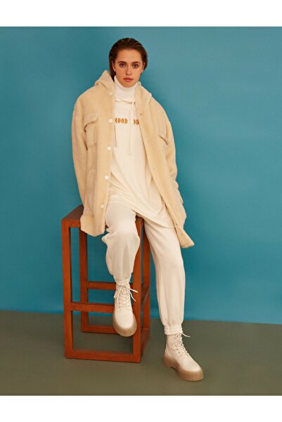 Koton Women's Ecru Hooded Sherpa Coat