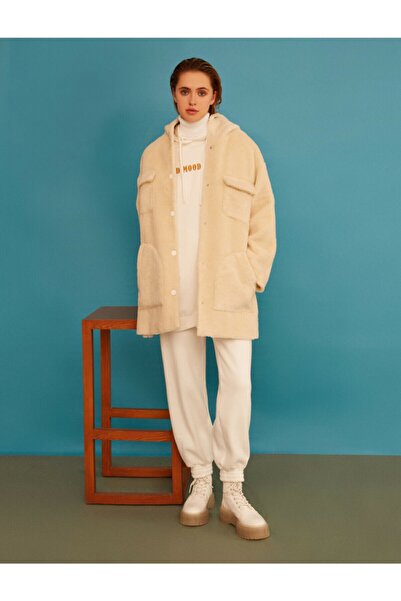Koton Women's Ecru Hooded Sherpa Coat