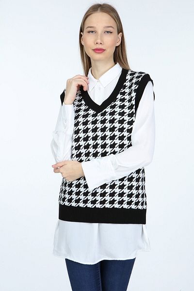 FY Giyim Women's Crow's Feet Patterned Black Sweater Vest