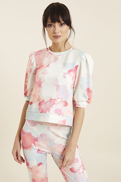 Hanna's by Hanna Darsa Kadın Pembe Çiçek Desenli Kolları Büzgülü Örme Sweat