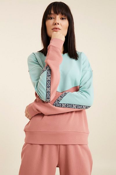 Hanna's by Hanna Darsa Women's Pink Mint Mint Color Blocked Crew Neck Stripe Detailed Knitted Sweatshirt