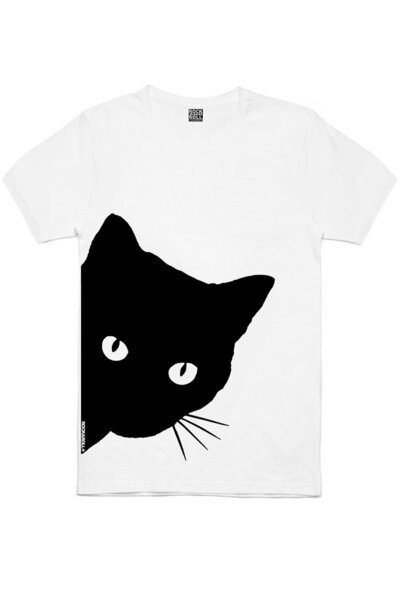 ROCKANDROLL Tricou alb cu mânecă scurtă cu imprimeu Curious Cat pentru bărbați