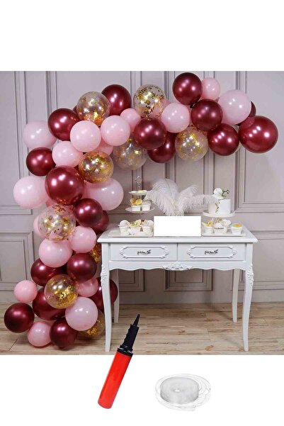 Çemrek Süs Parti Transparent Birthday Balloon Chain with Pink-burgundy-gold C...