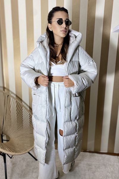 La Querta Palton lung oversize puf cu glugă gri pentru damă