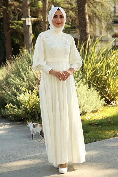 Feiza Collection Güpür Detaylı Simli Tesettür Abiye Elbise - Ekru