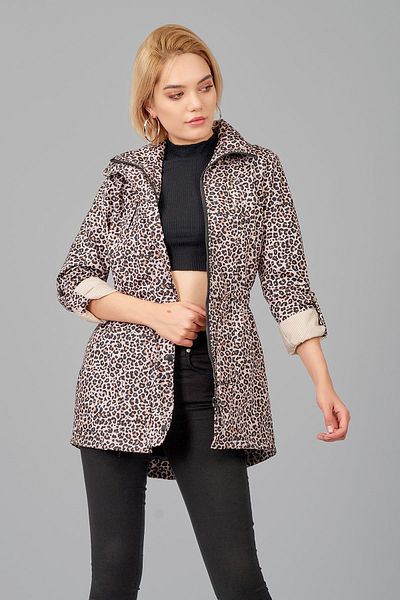 ladyzey Women's Brown Leopard Printed Drawstring Waist Foldable Sleeve Lined Trench Coat