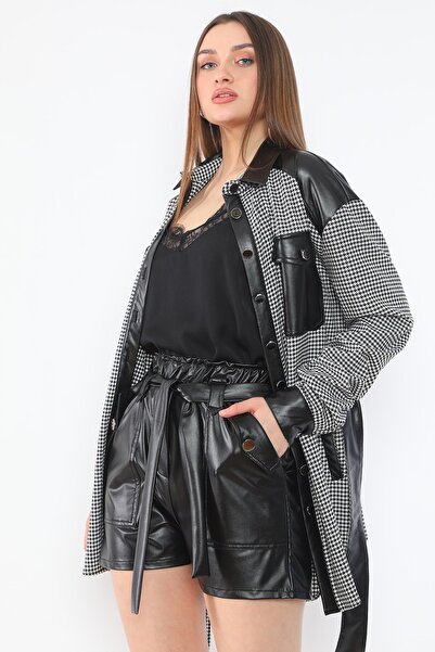 etselements Kadın Siyah Suni Deri Cepli Şort