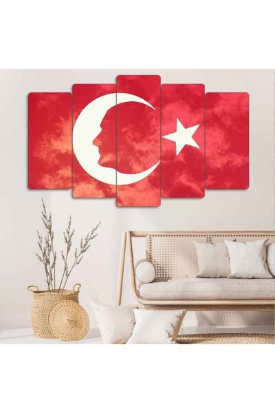 EVLOYA Türk Bayrağı Atatürk Silüeti 5 Parçalı Tablo